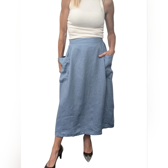 Lintico Dresses & Skirts - Lintico 100% Linen Blue Midi Skirt with Pockets Cottagecore Sz Small